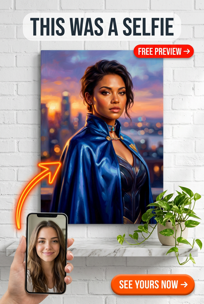 Custom Superhero Woman Portrait Canvas — Heroic City Skyline Art