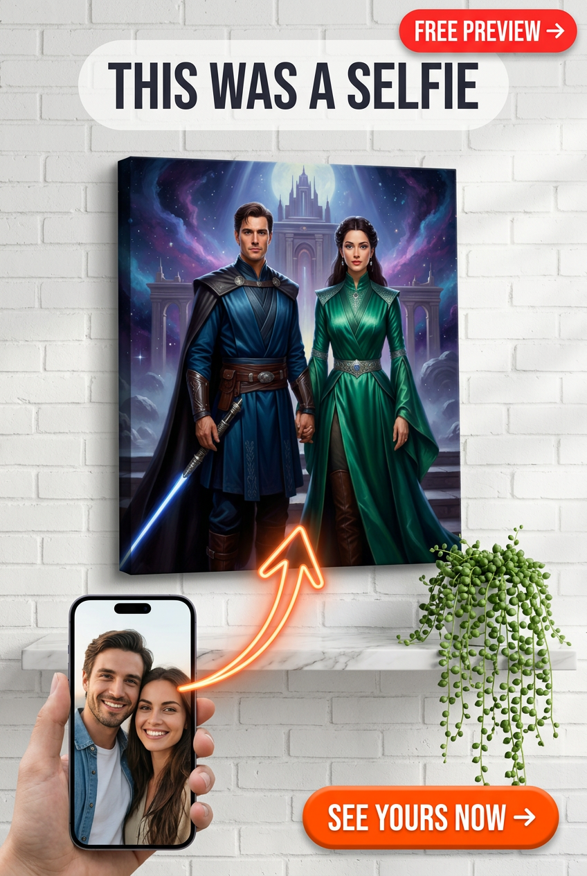 Retrato Personalizado de Casal Jedi: Romance Galáctico