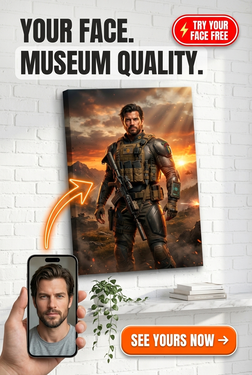 Custom Military Man Portrait — Heroic Armor & Sword Canvas