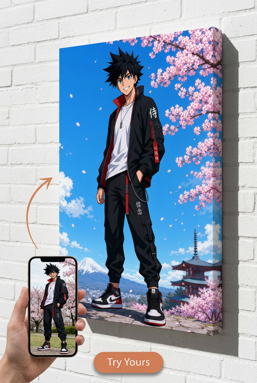Custom Anime Man Portrait — Whimsical Cherry Blossom Canvas