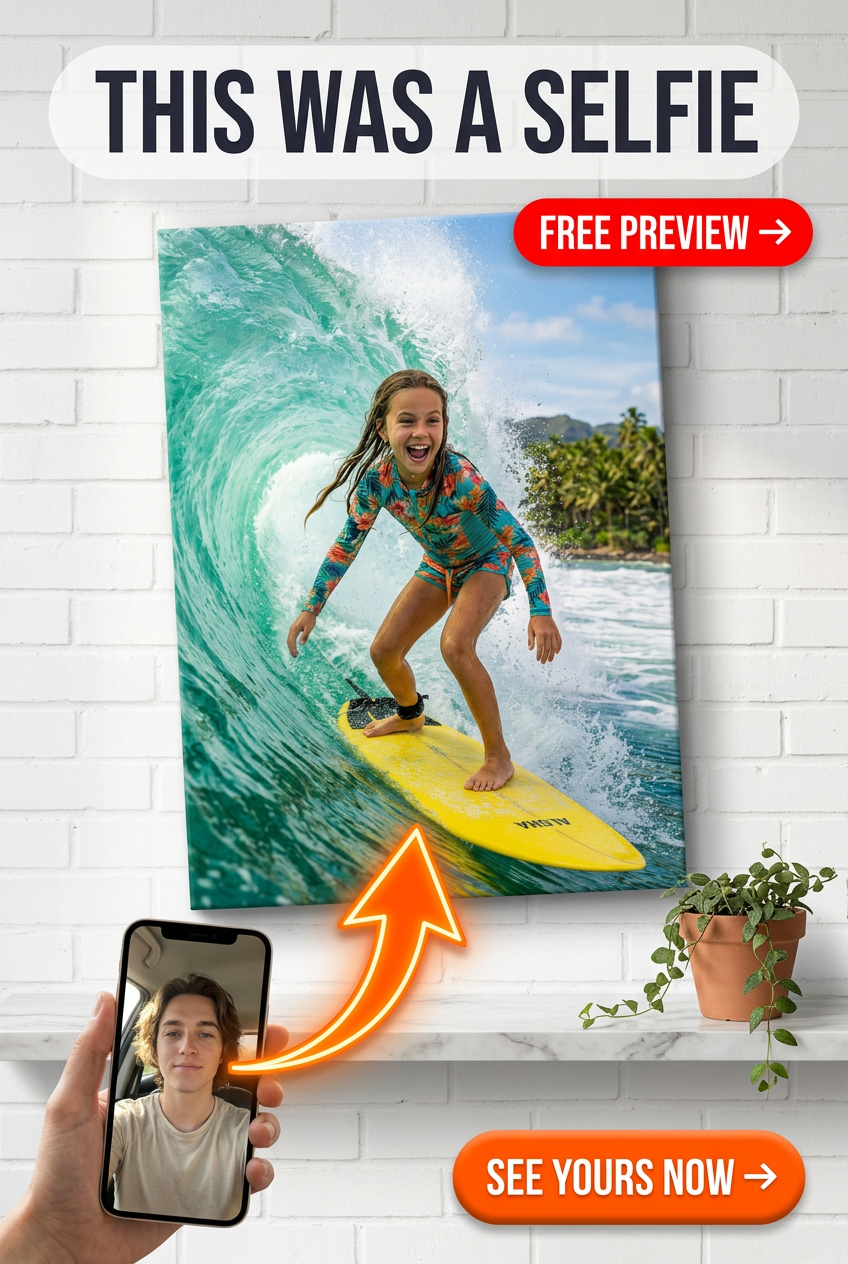 Custom Ocean Single-Child Portrait — Whimsical Surfer Girl Canvas