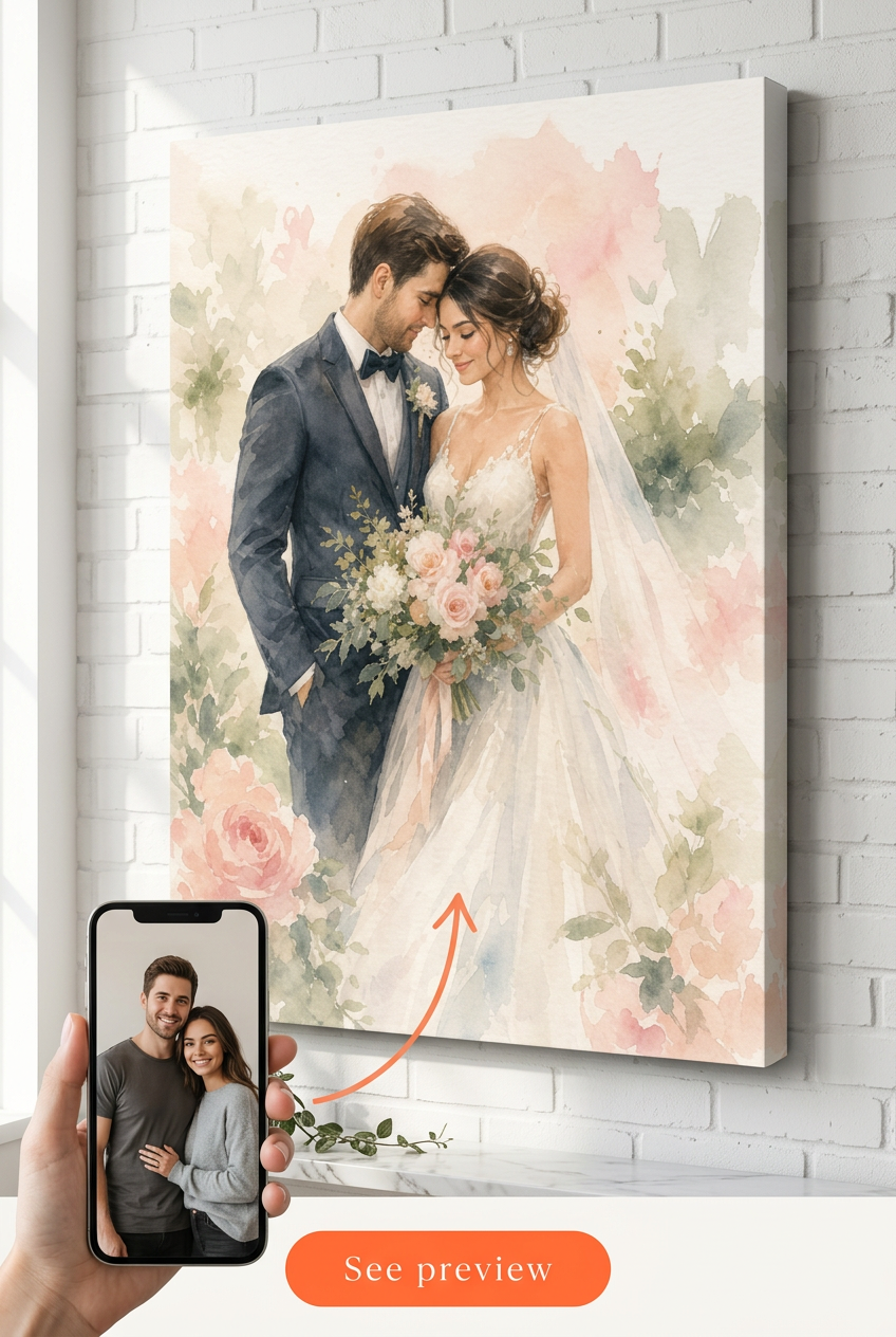 Custom Watercolor Couple Portrait — Romantic Wedding Canvas from Photo