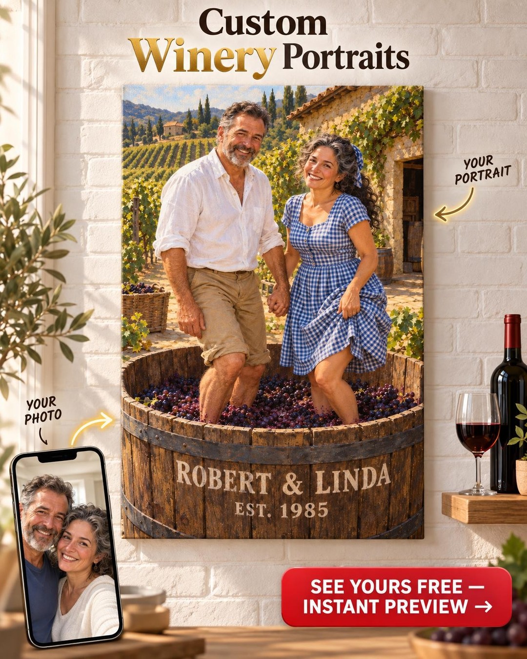 Grape Stomp Couple Custom Portrait from Photo | Personalized Vineyard Romance Gift