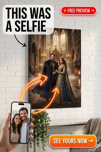 Custom Royal Couple Portrait — Regal Castle Canvas from Photo