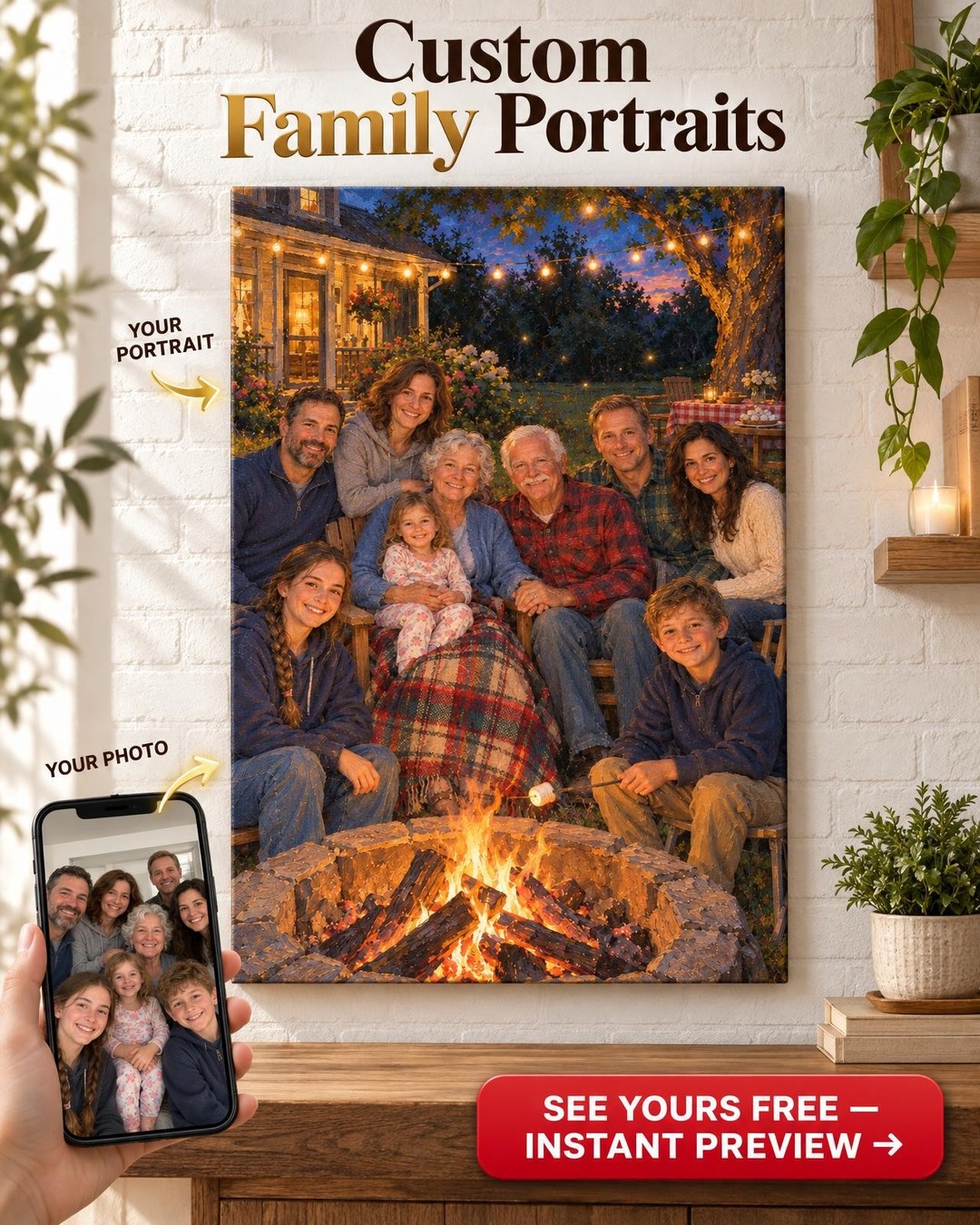 Around the Fire Pit Family Custom Portrait from Photos | Personalized Family Reunion Gift