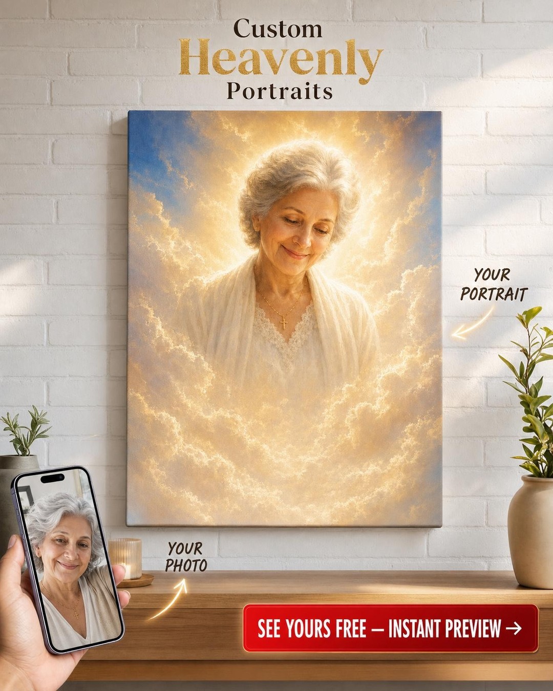 Custom Memorial Single Woman Portrait — Heavenly Watching Over