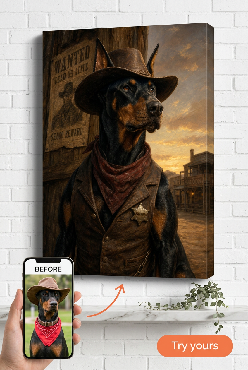 Custom Cowboy Dog Portrait — Heroic Sheriff Canvas from Photo