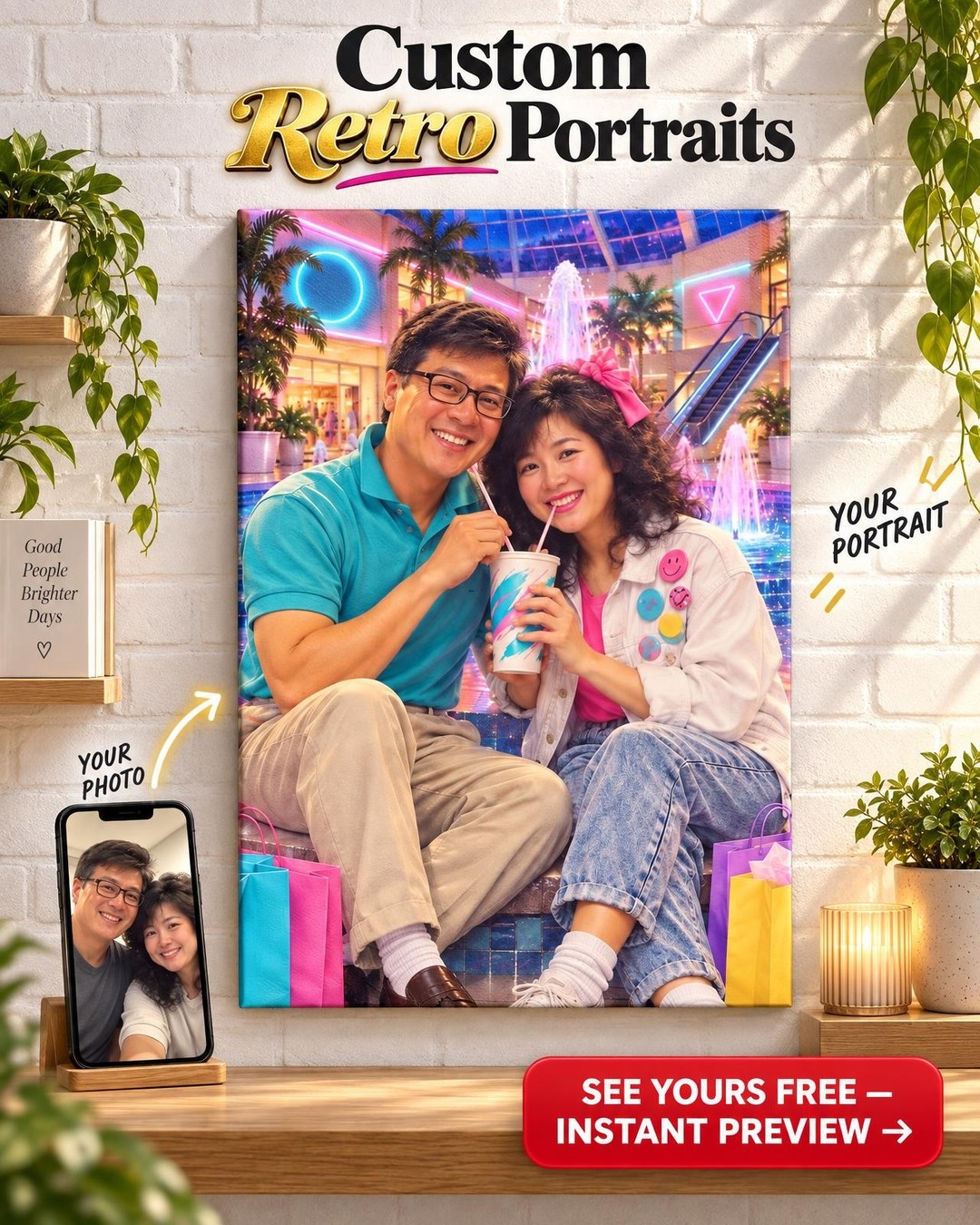 1989 Mall Date Couple Custom Portrait from Photo | Personalized Throwback Portrait Gift