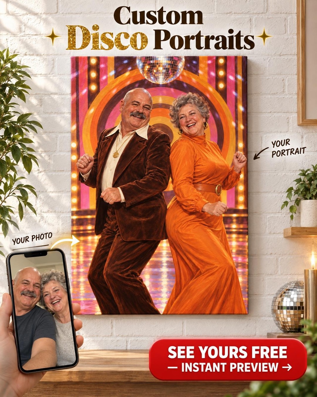 Soul Night Dance Show Couple Custom Portrait from Photo | Personalized Disco Portrait Gift