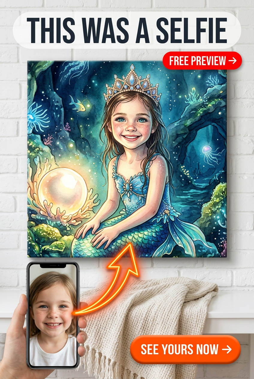 Custom Fantasy Girl Portrait — Mermaid Crown Canvas from Photo