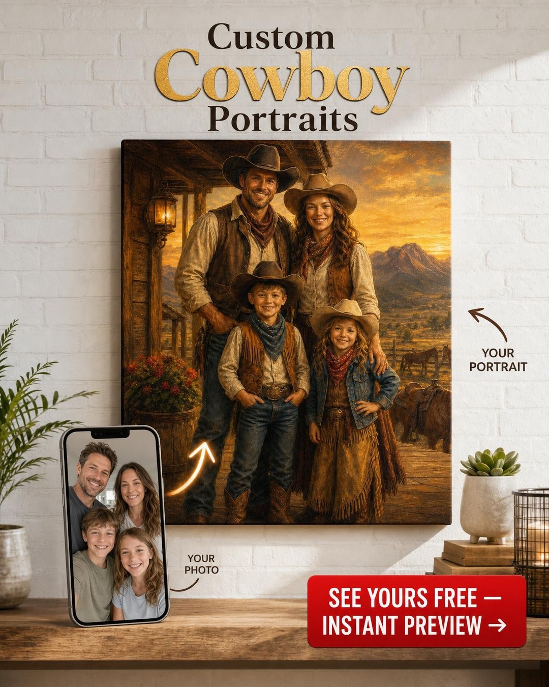 Custom Cowboy Family Portrait — Festive Western AI Art from Photo
