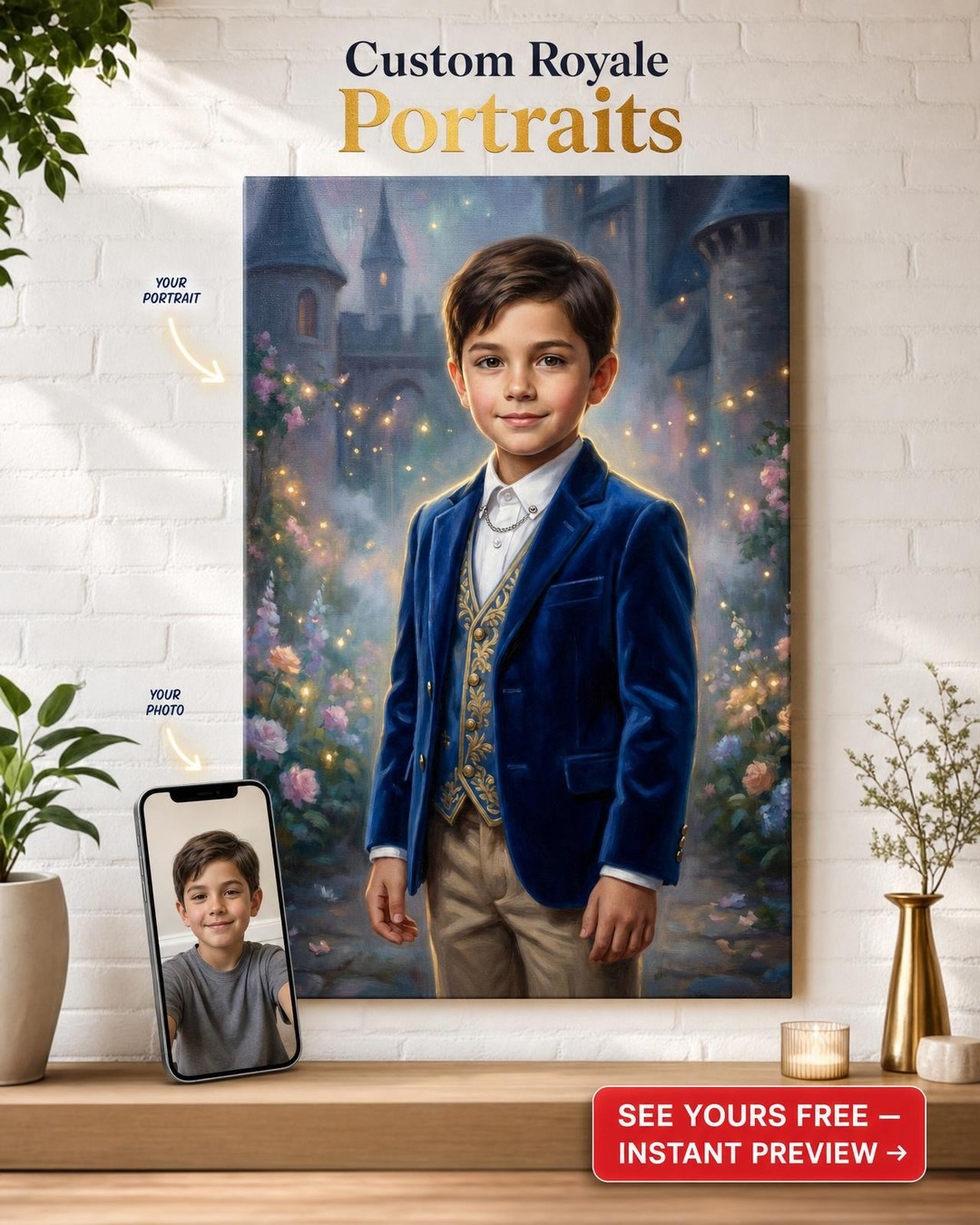 Custom Royal Boy Portrait — Whimsical Castle Canvas from Photo