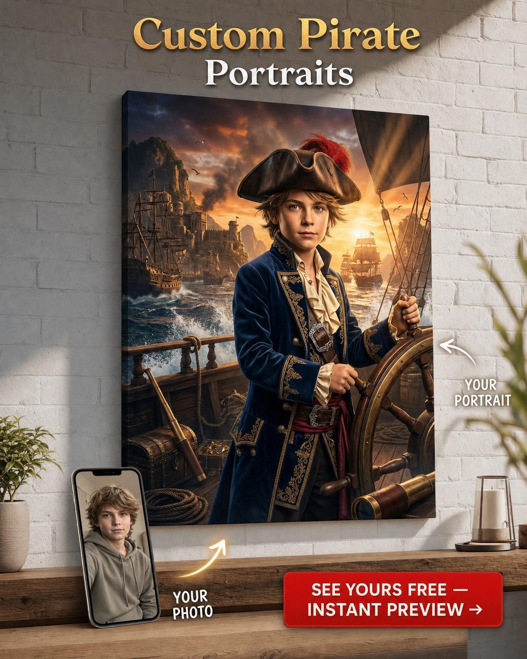 Custom Pirate Boy Portrait — Heroic Adventure Canvas