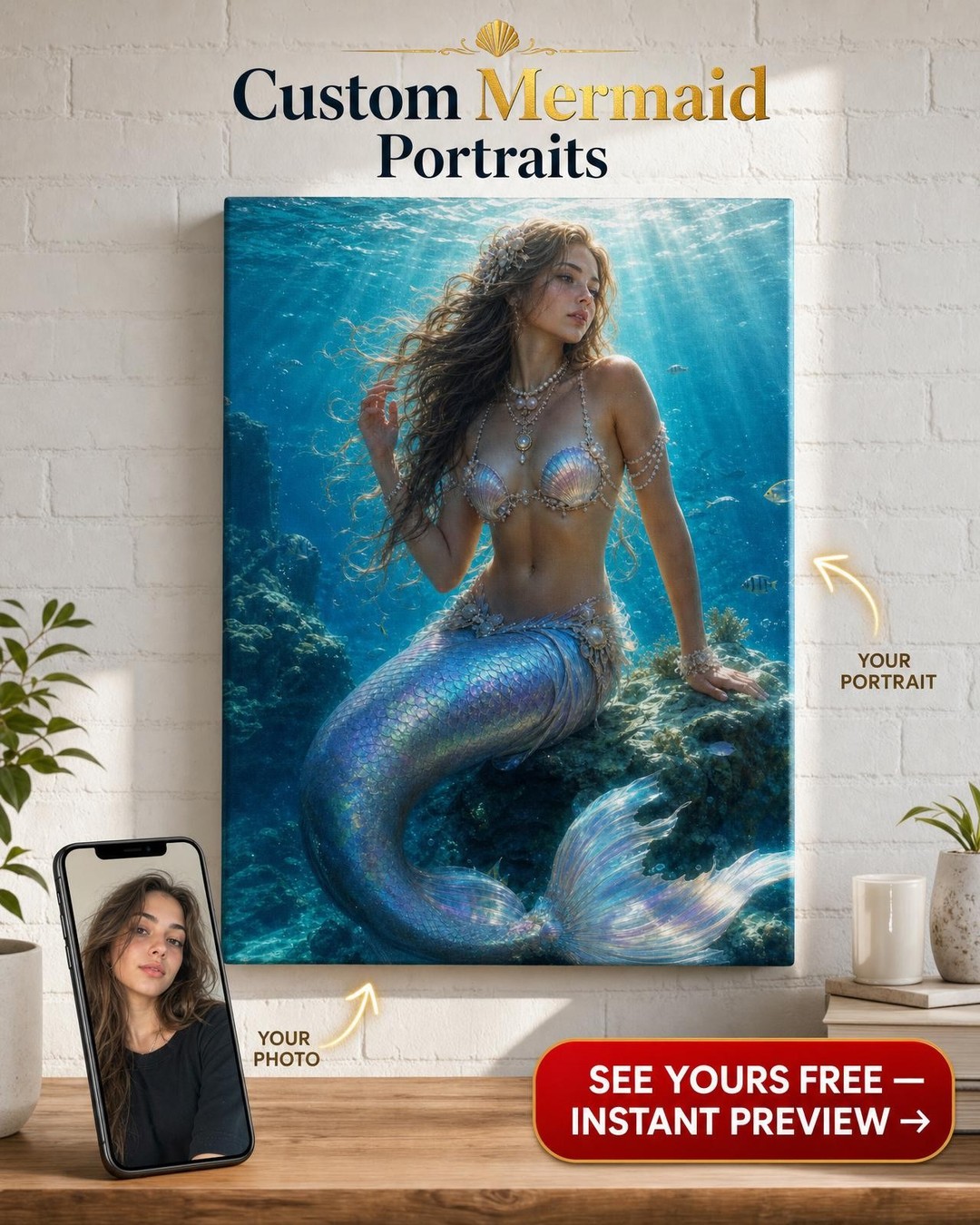 Iridescent Mermaid Custom Portrait from Photo | Personalized Canvas Gift