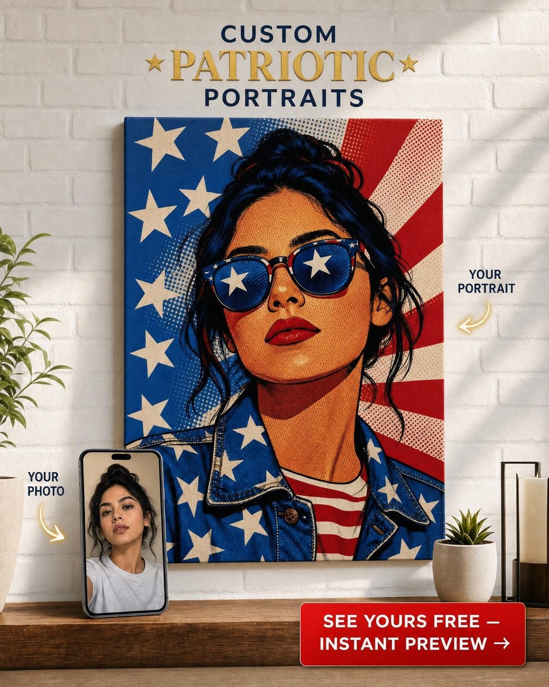 Stars & Stripes Pop Art Custom Portrait from Photo | Personalized Canvas Gift