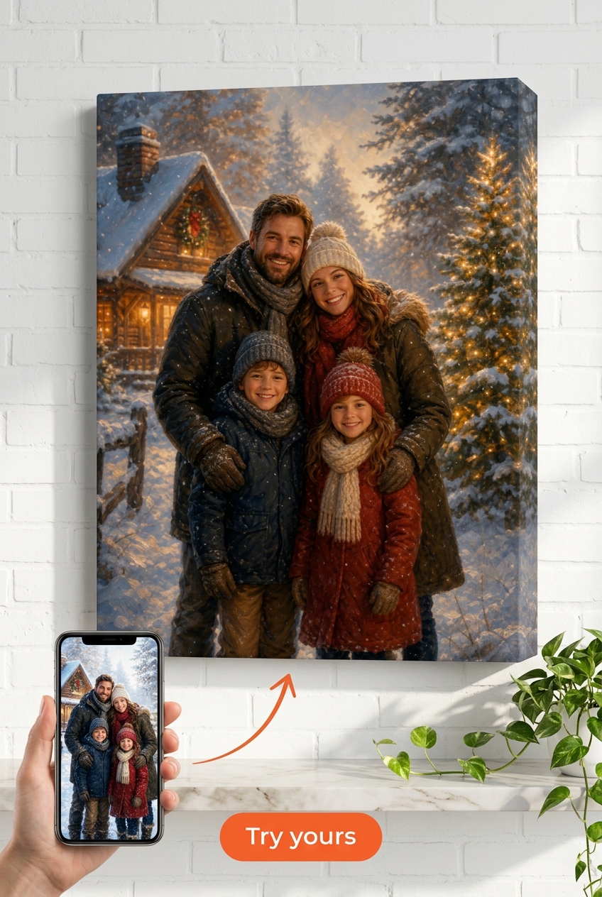 Custom Christmas Family Portrait — Festive Snow Scene Canvas