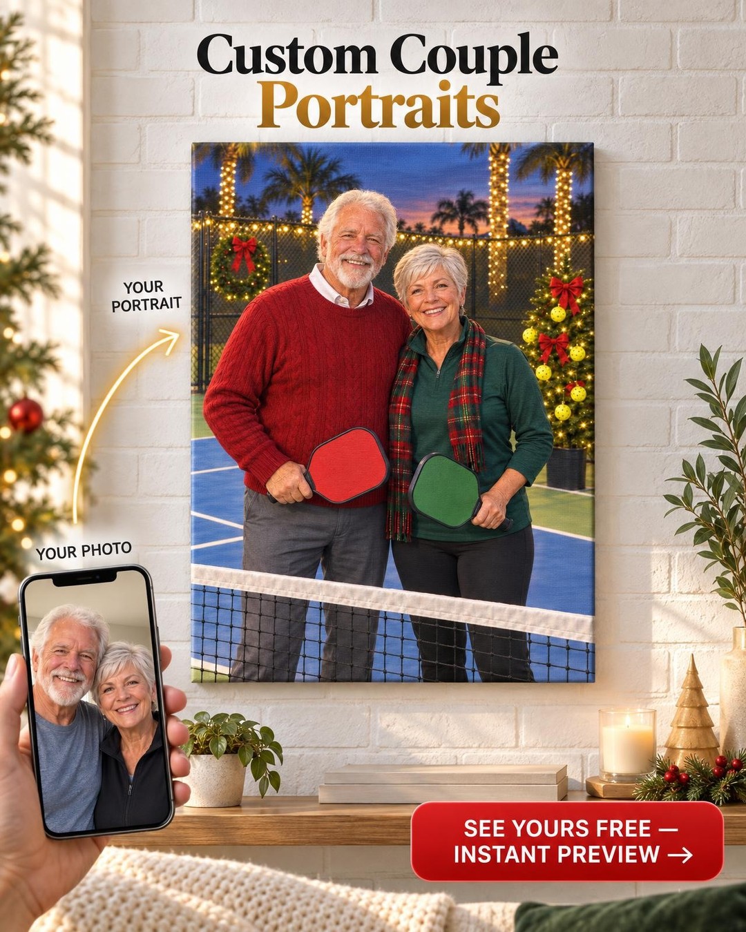 Christmas Pickleball Couple Custom Portrait from Photo | Personalized Pickleball Gift