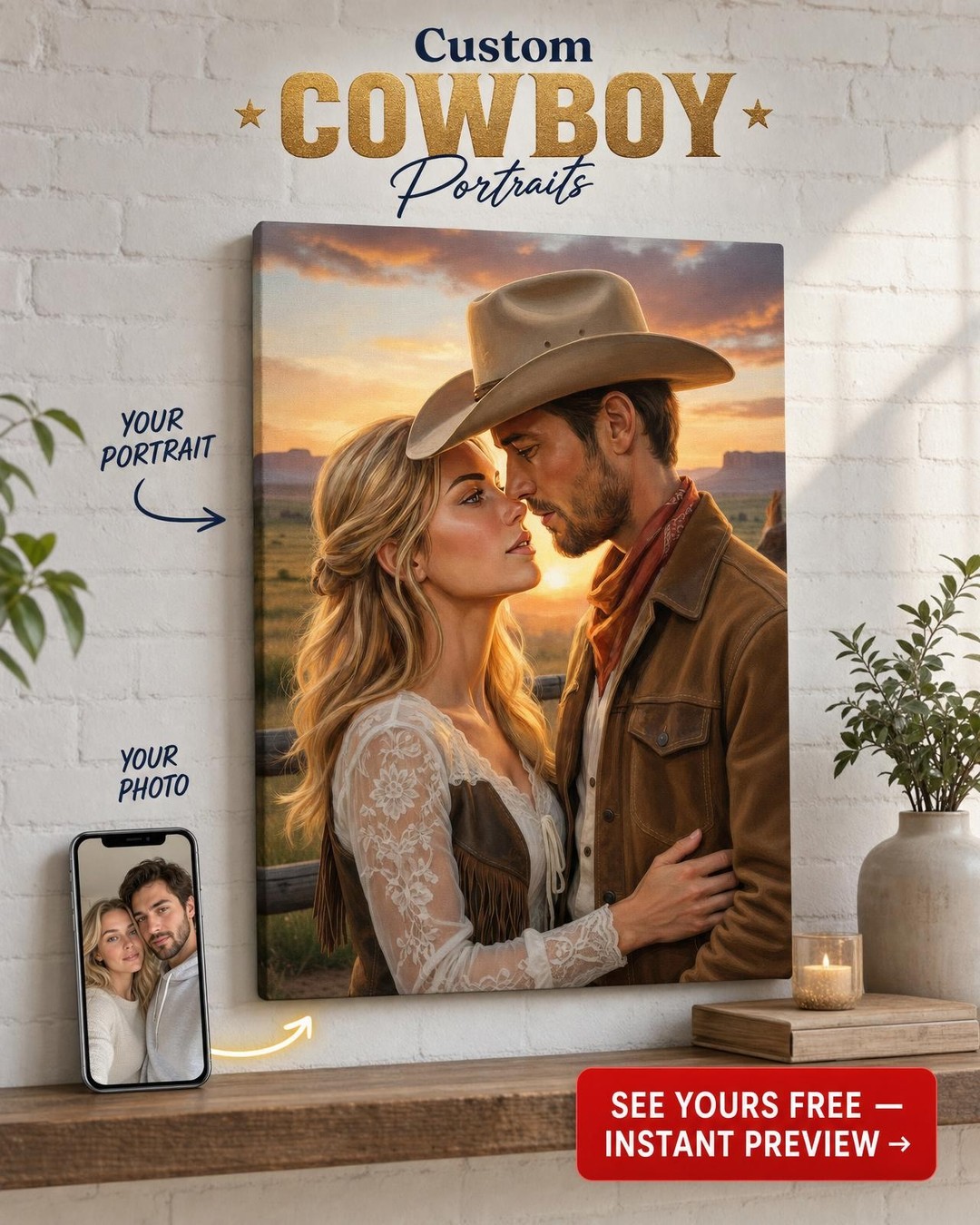 Custom Cowboy Couple Portrait — Romantic Western Canvas