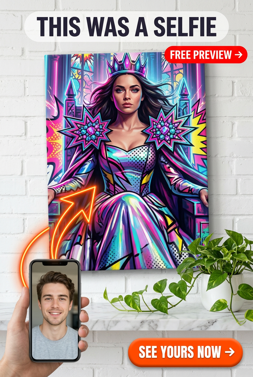 Custom Pop Art Woman Portrait — Whimsical Royalty Canvas from Photo