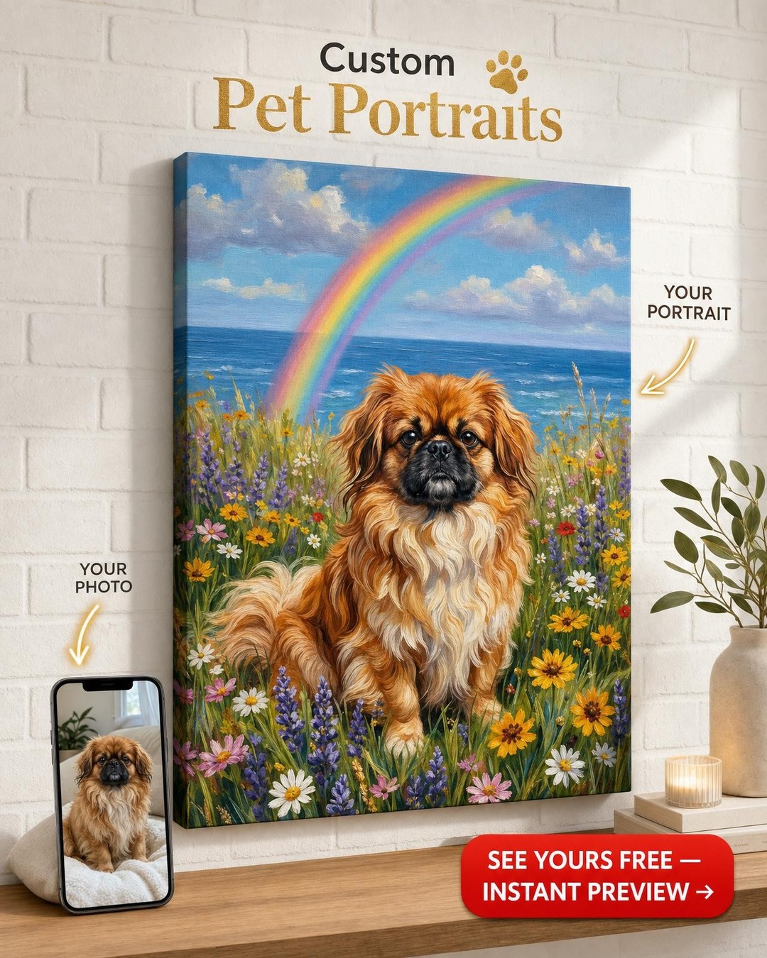 Custom Dog Pet Portrait — Whimsical Rainbow Canvas from Photo