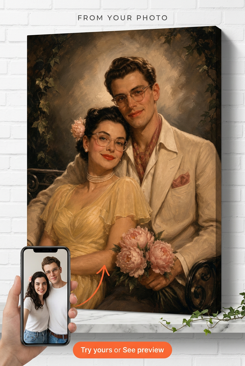 Custom 1940s Hollywood Garden Bench Couple Portrait from Photo | Personalized Undefined Gift