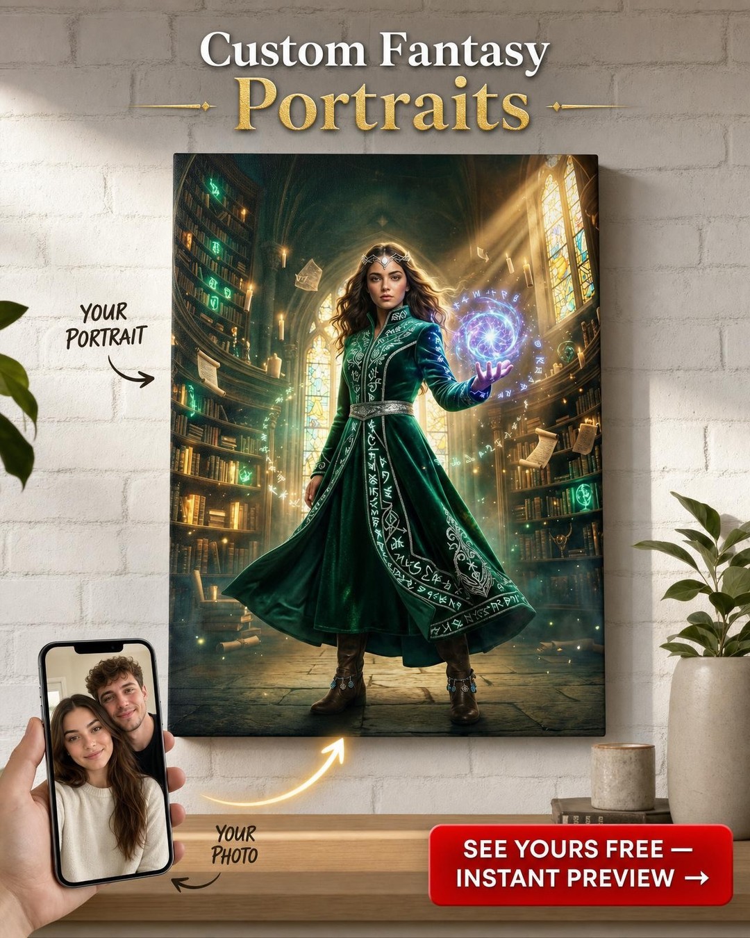 Custom Fantasy Woman Portrait — Whimsical Magic Orb Canvas