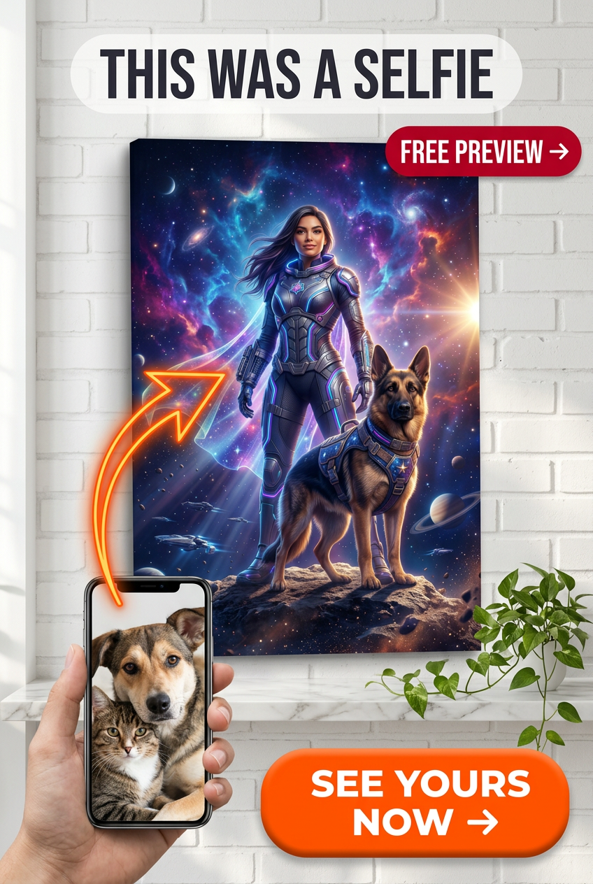 Custom Sci-Fi Dog Portrait Canvas — Heroic Family Space Adventure