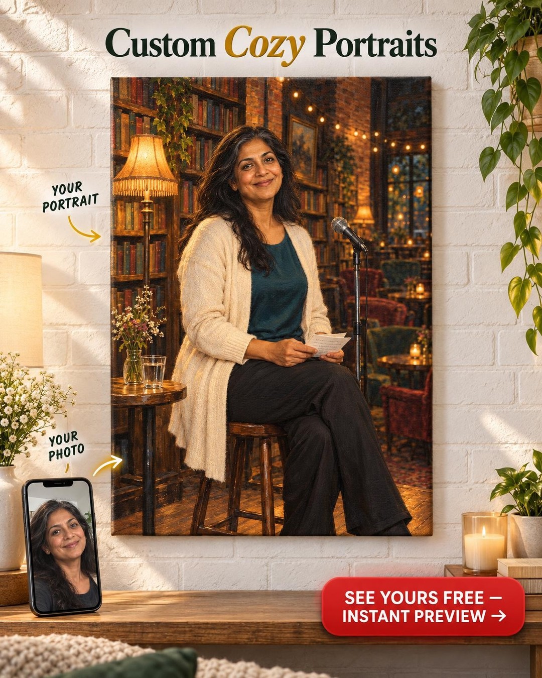 Storyteller Portrait for Her Custom Portrait from Photo | Personalized Her Stage Portrait Gift