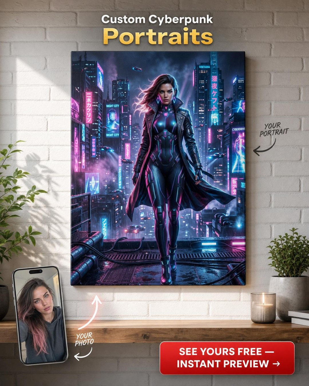 Custom Cyberpunk Man Portrait — Heroic Neon Canvas for Woman