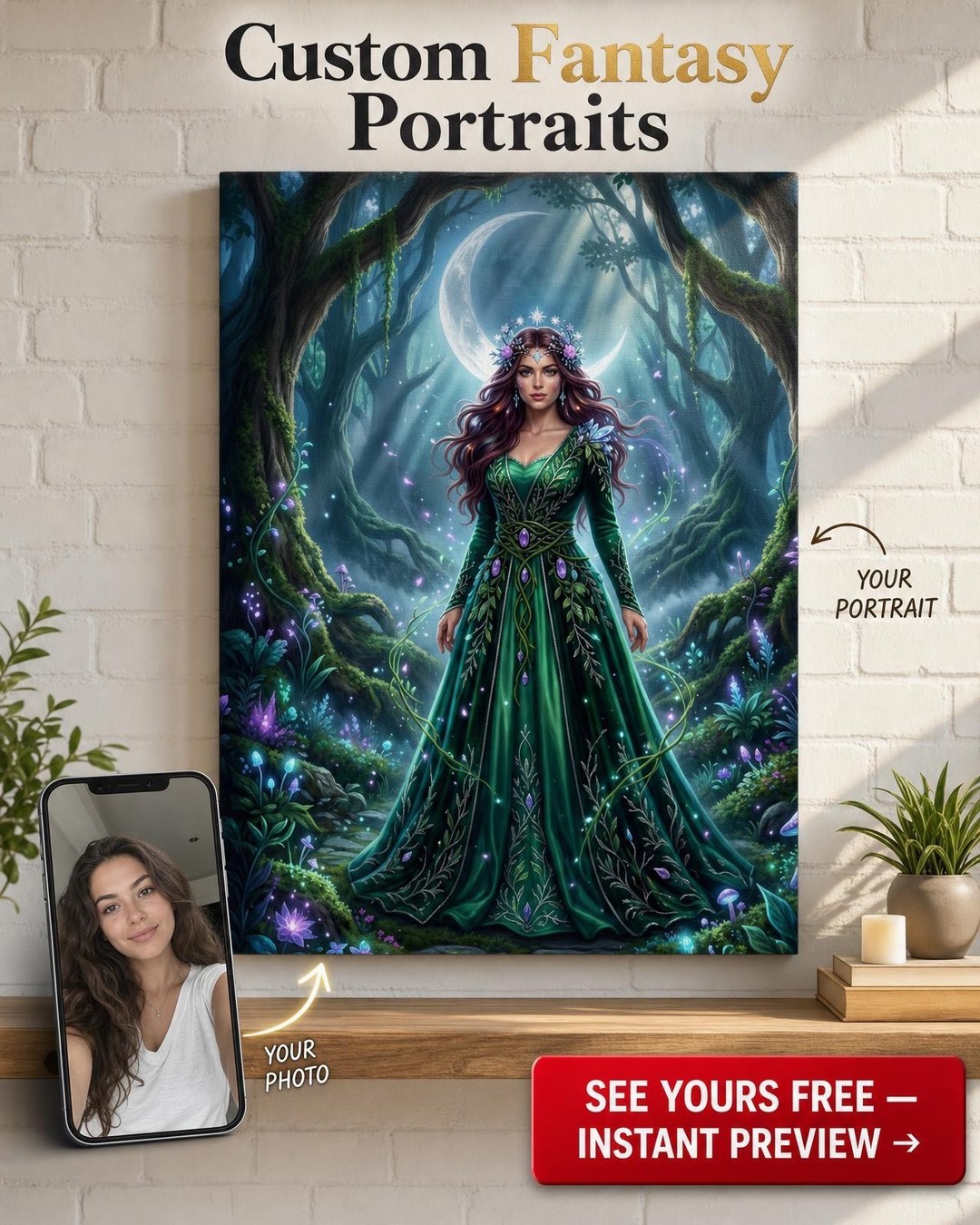Custom Fantasy Woman Portrait — Whimsical Moon & Forest Canvas