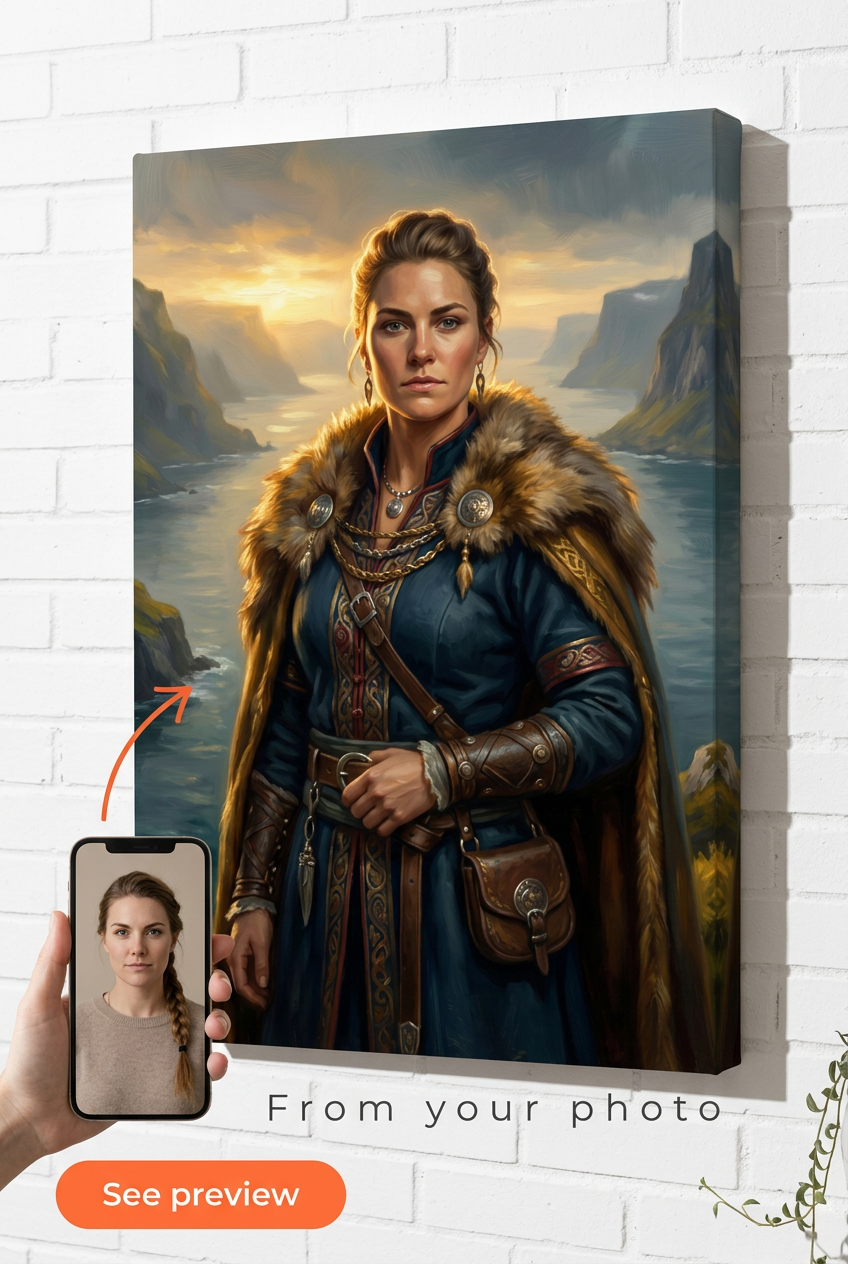 Custom Viking Woman Portrait — Regal Warrior Canvas from Photo