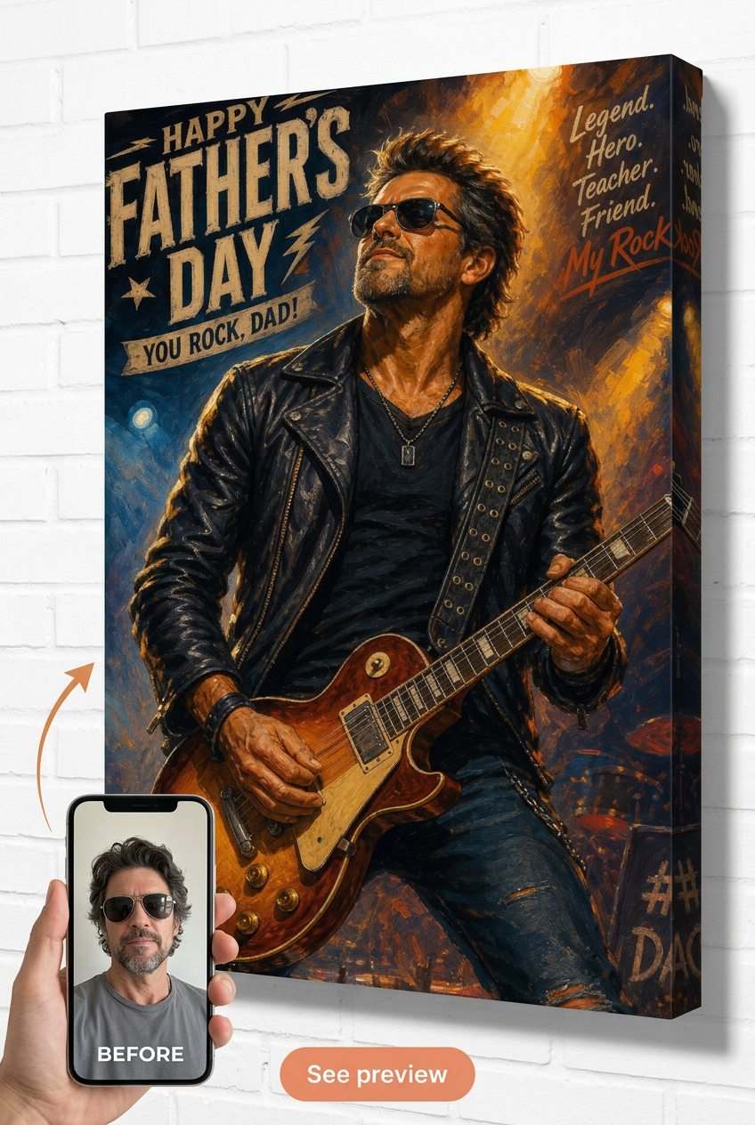 Custom Musician Single-Man Portrait — Heroic Rockstar Dad Canvas