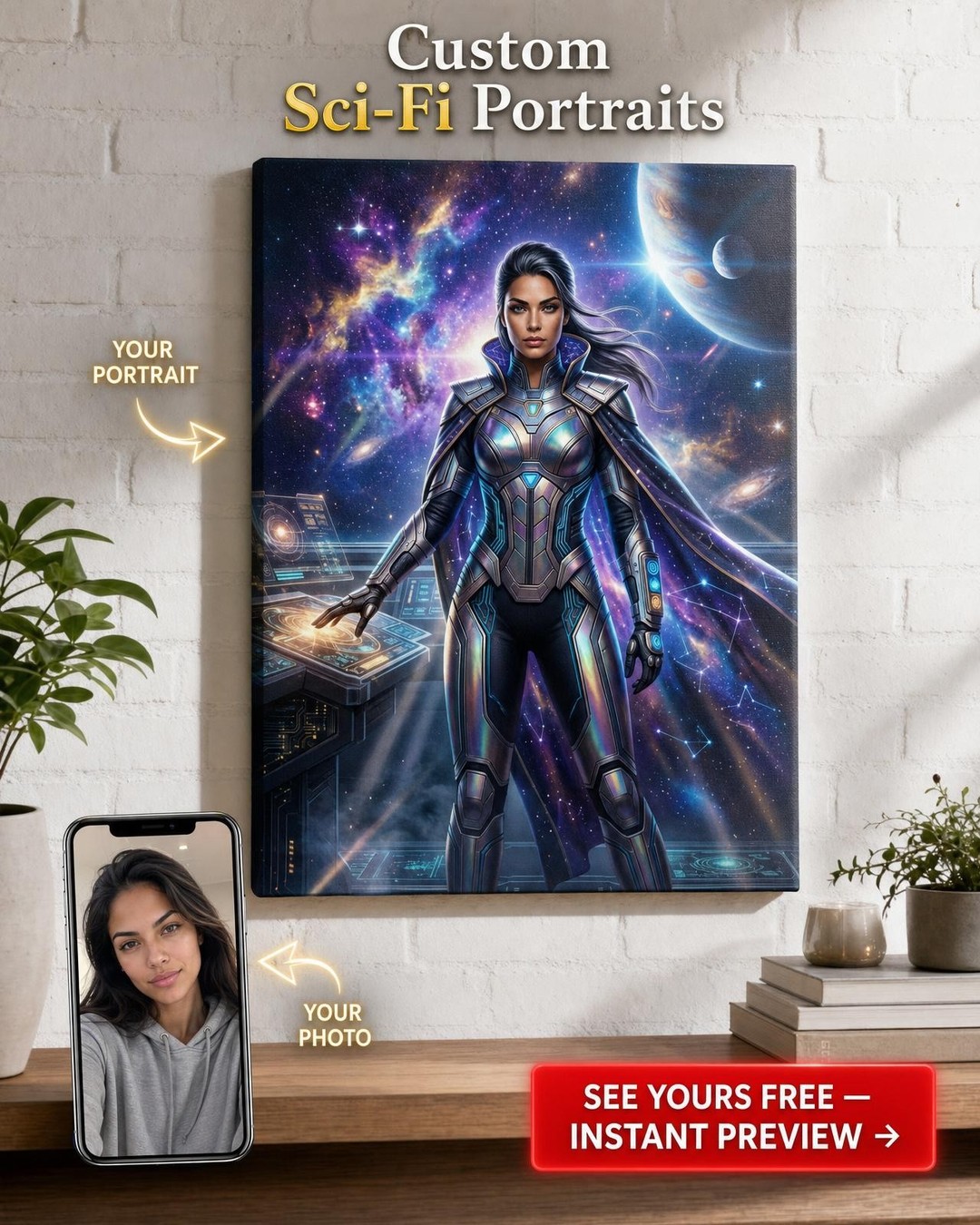 Custom Sci-Fi Man Portrait — Heroic Space Commander Canvas