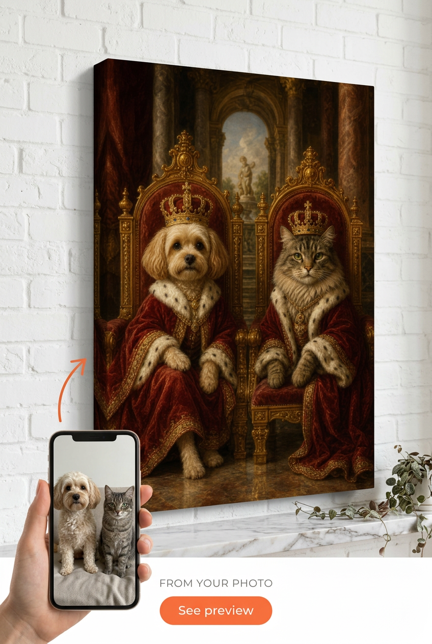 Custom Royal Pet Portrait — Regal Dog & Cat Canvas Art