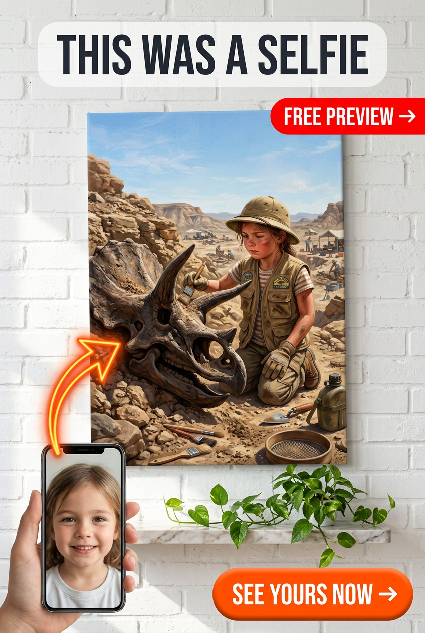 Custom Kids Portrait — Whimsical Dinosaur Explorer Girl Canvas