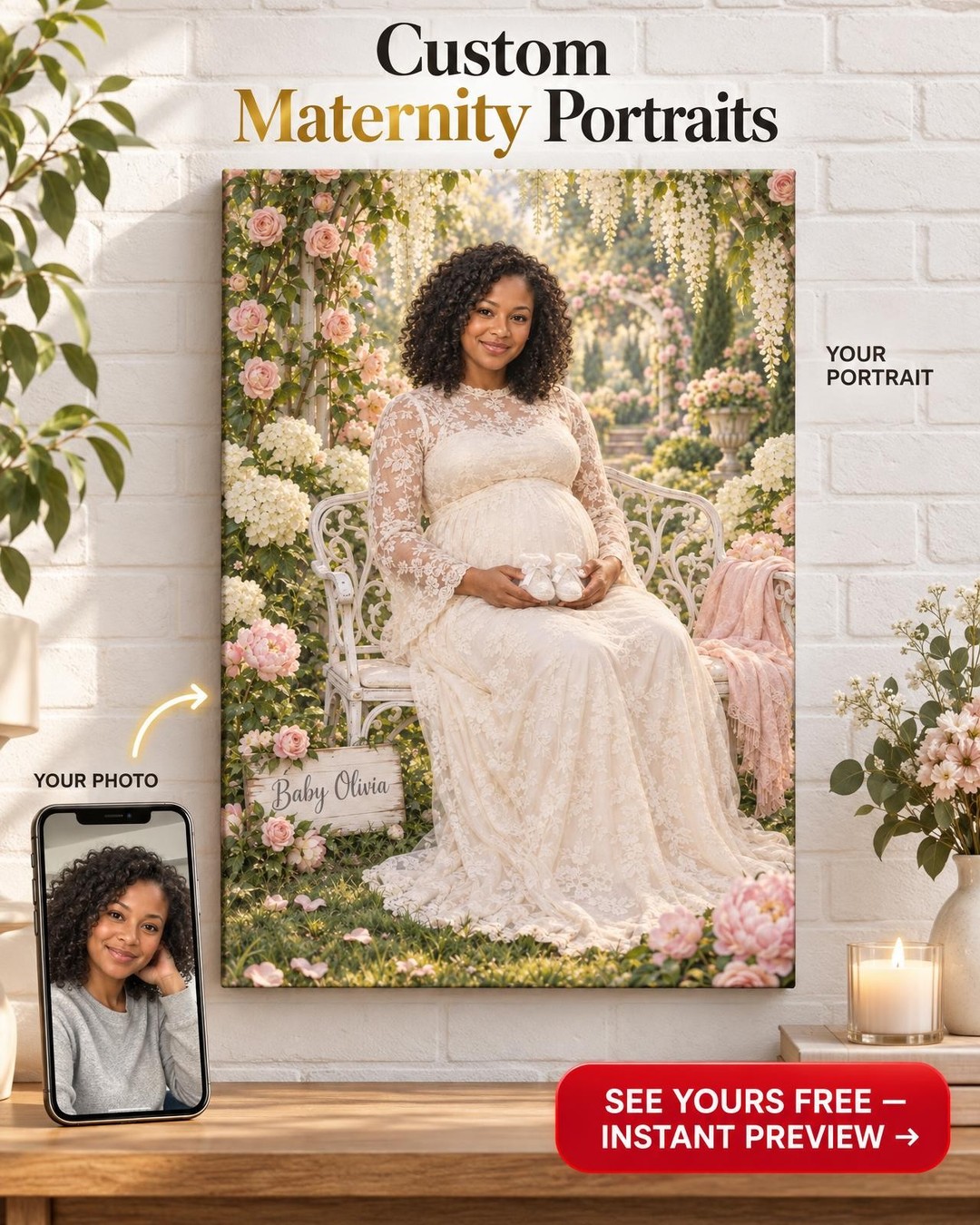 Garden Bench Maternity Custom Portrait from Photo | Baby Shower Gift