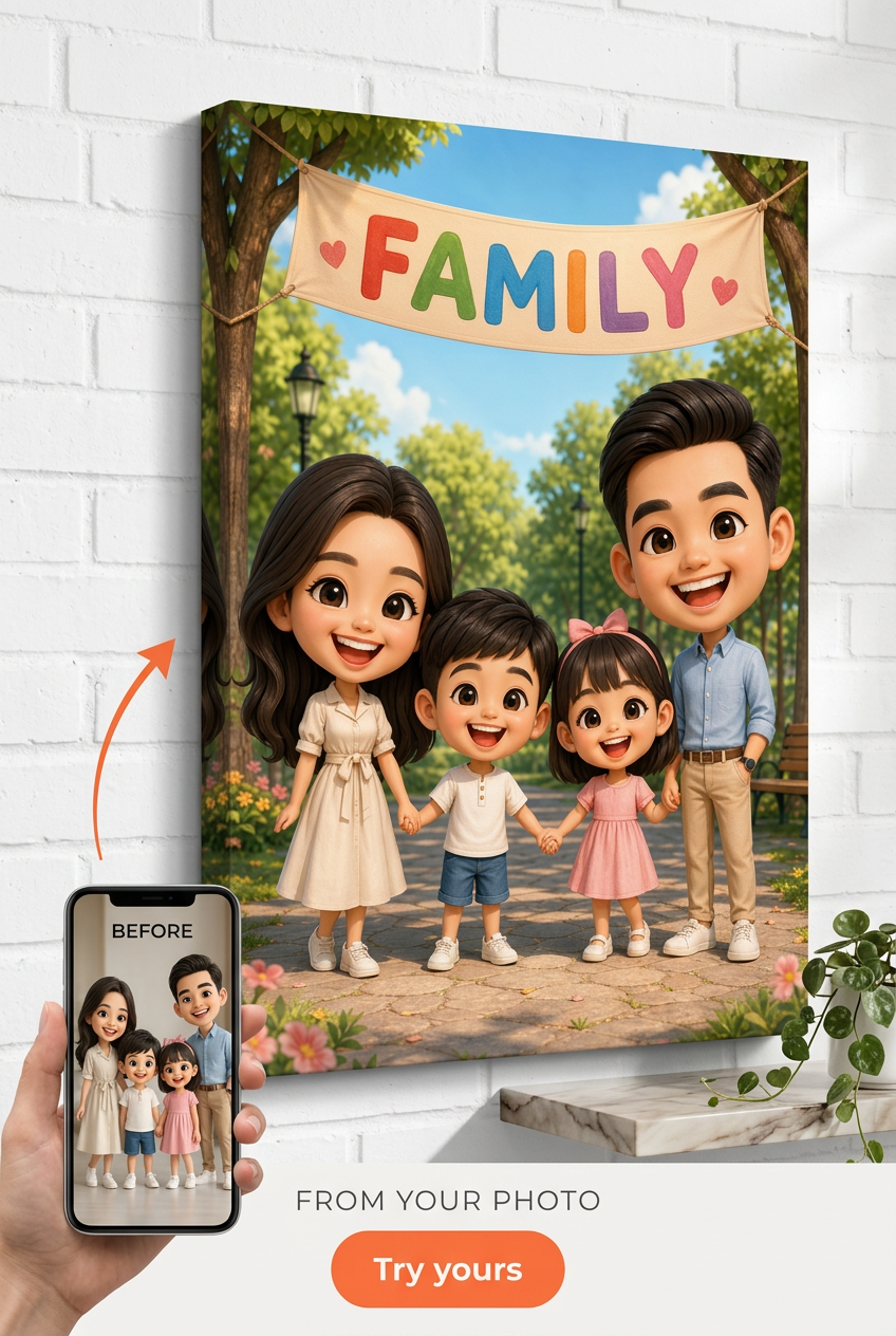 Custom Bobblehead Cartoon Family Canvas — Playful Family Portrait