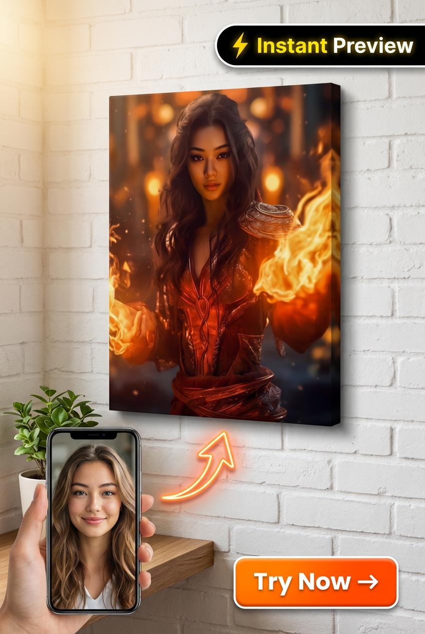 Custom Fantasy Woman Portrait — Heroic Fire & Magic Canvas