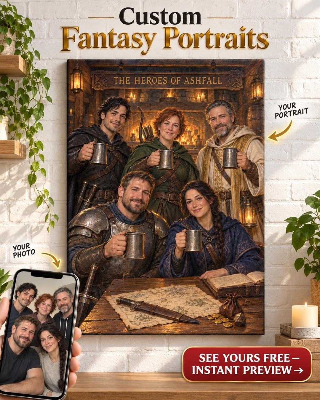 Adventuring Party Tavern Custom Portrait from Photo | Personalized Tabletop Fantasy Portrait Gift