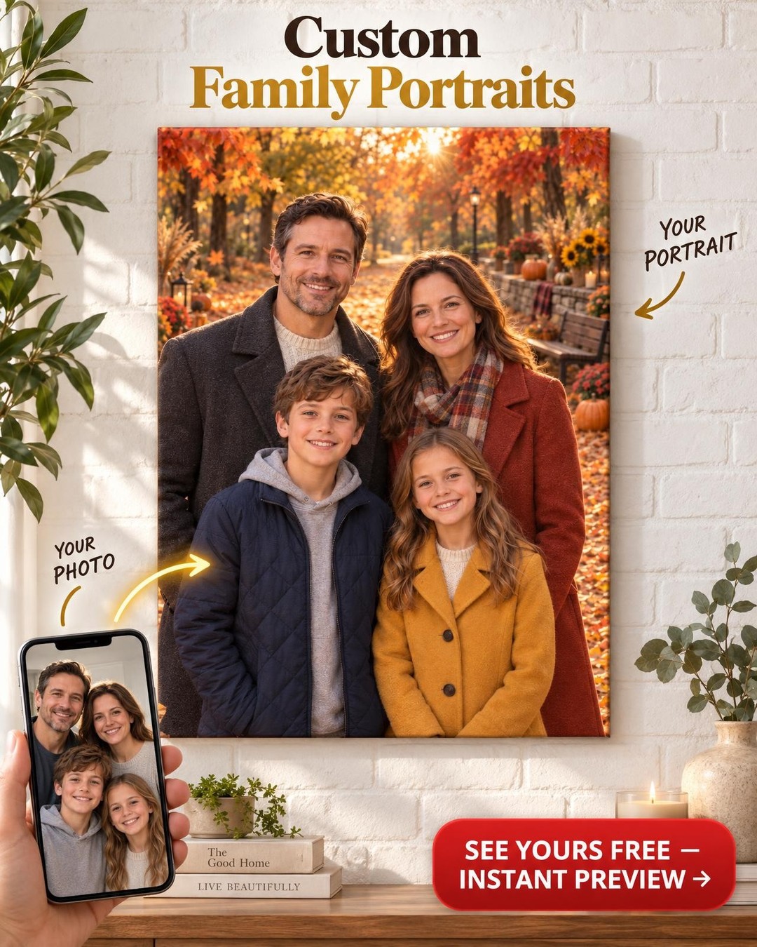 Custom Fall Family Portrait — Golden Autumn Leaves Canvas from Photo (Family of 4)