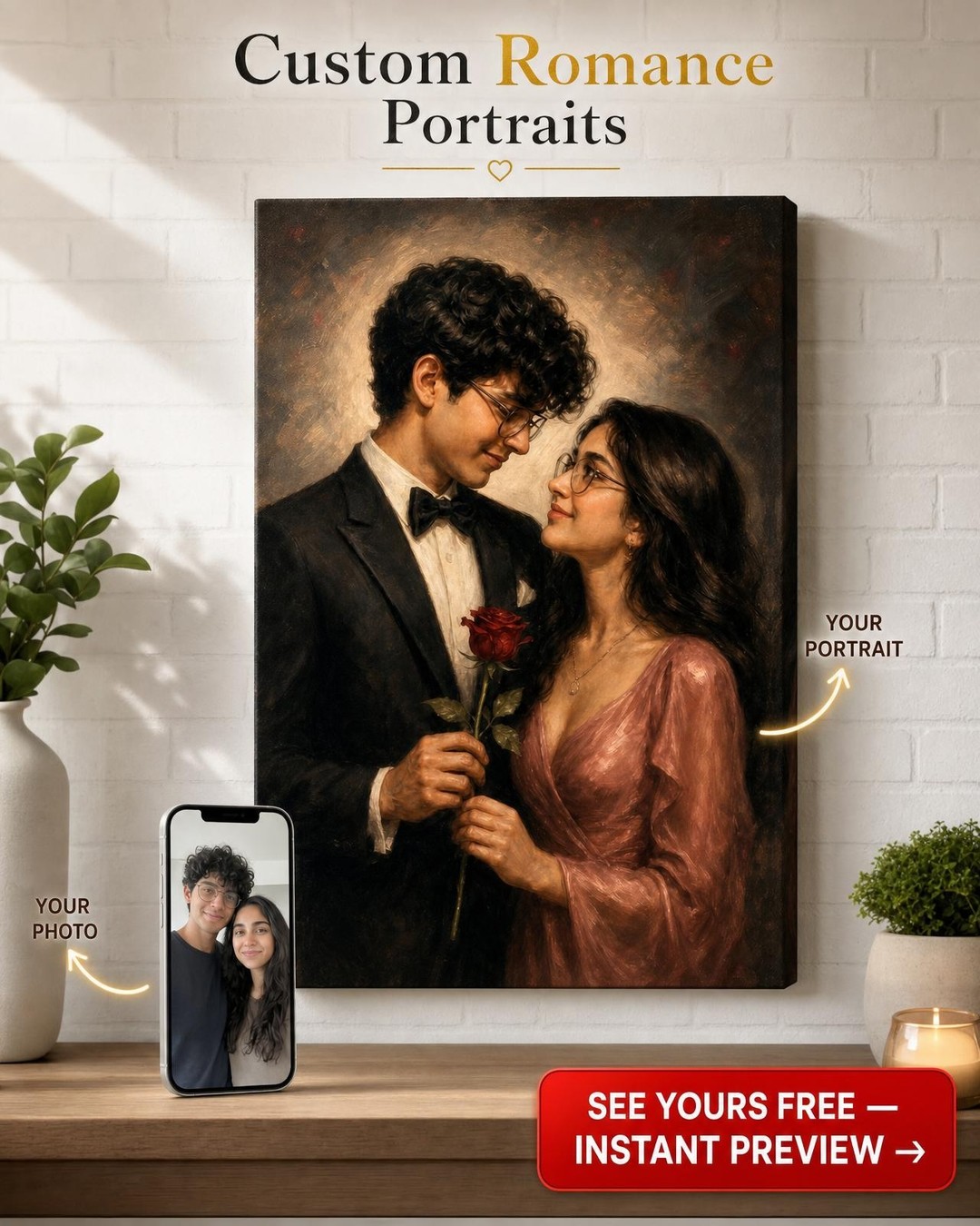 Custom Valentine 1940s Hollywood Couple Portrait from Photo | Personalized Canvas Gift