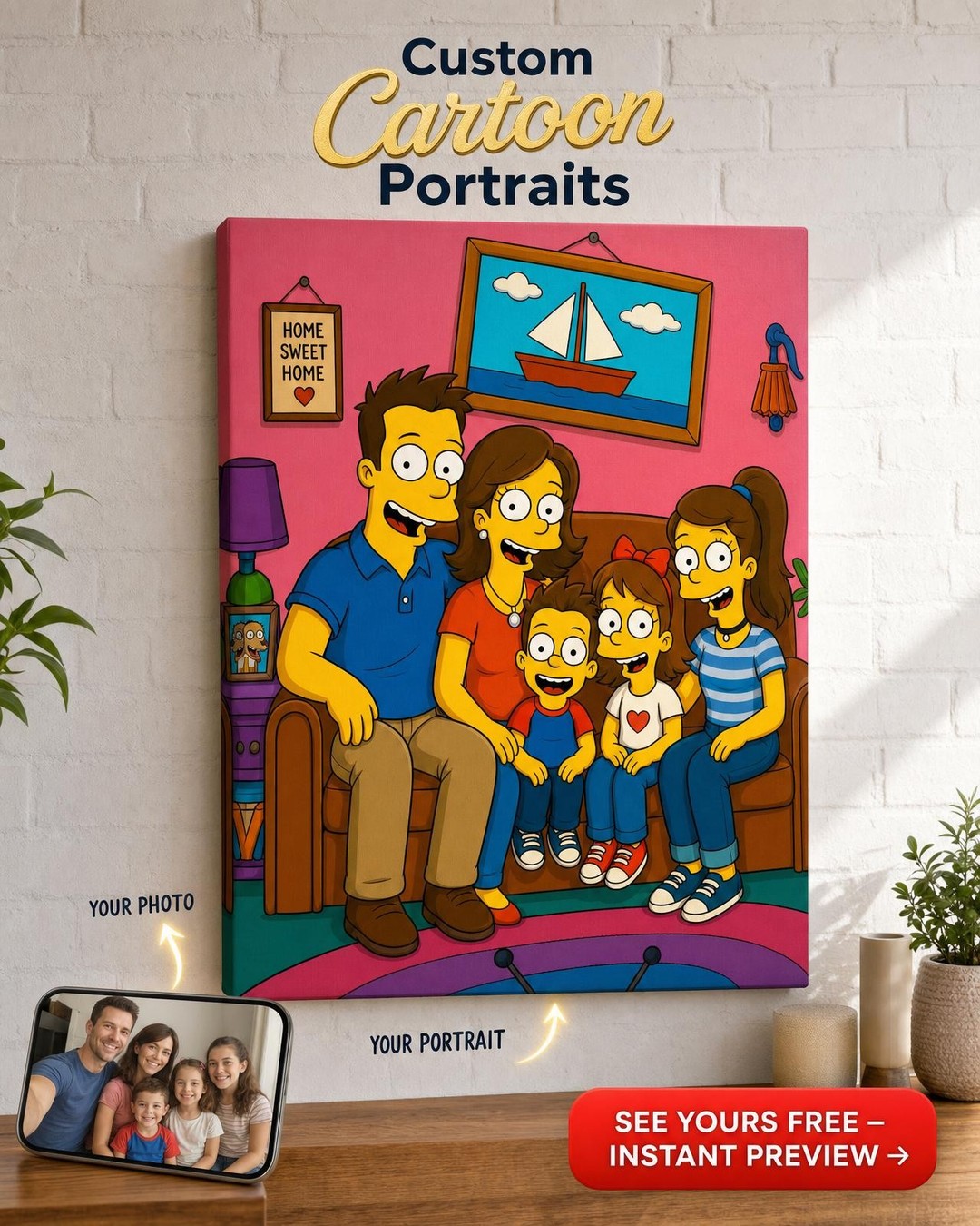 Custom Yellow Cartoon Family Portrait — Colorful Family Canvas from Photo