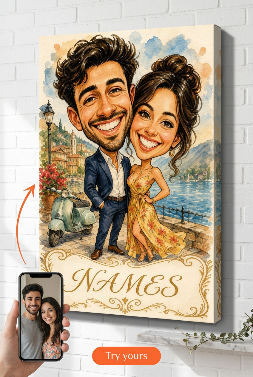 Custom Caricature Couple Portrait — Whimsical Scooter Scene Canvas