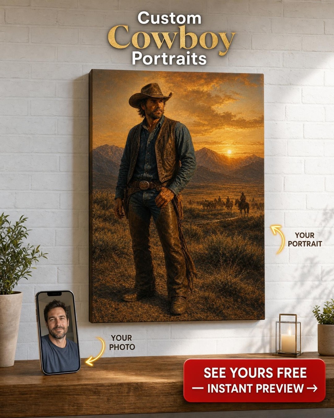 Cowboy at Golden Hour Custom Portrait from Photo | Personalized For Him Gift