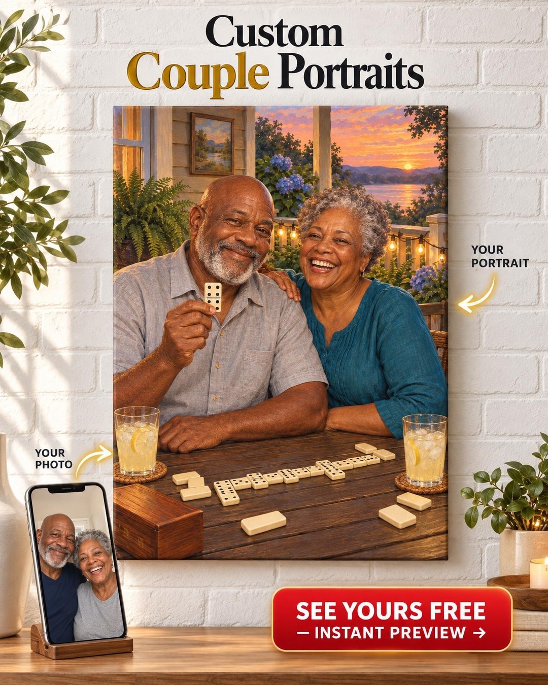 Porch Dominoes Couple Custom Portrait from Photo | Personalized Game Night Gift