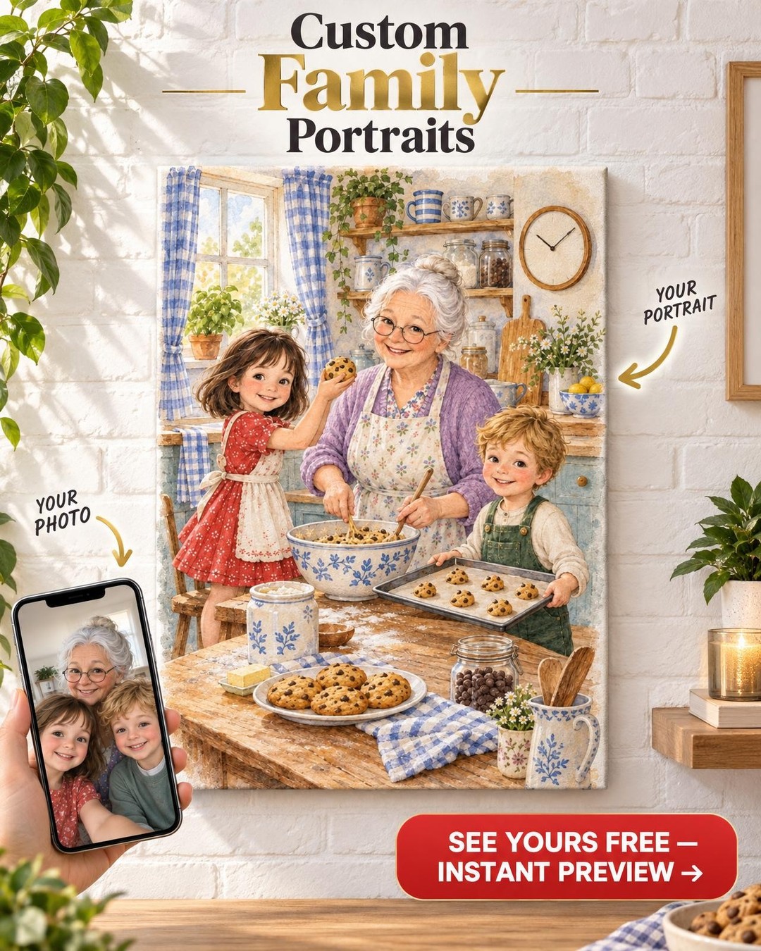 Storybook Baking with Grandma Custom Portrait from Photo | Personalized Grandma Kitchen Portrait Gift