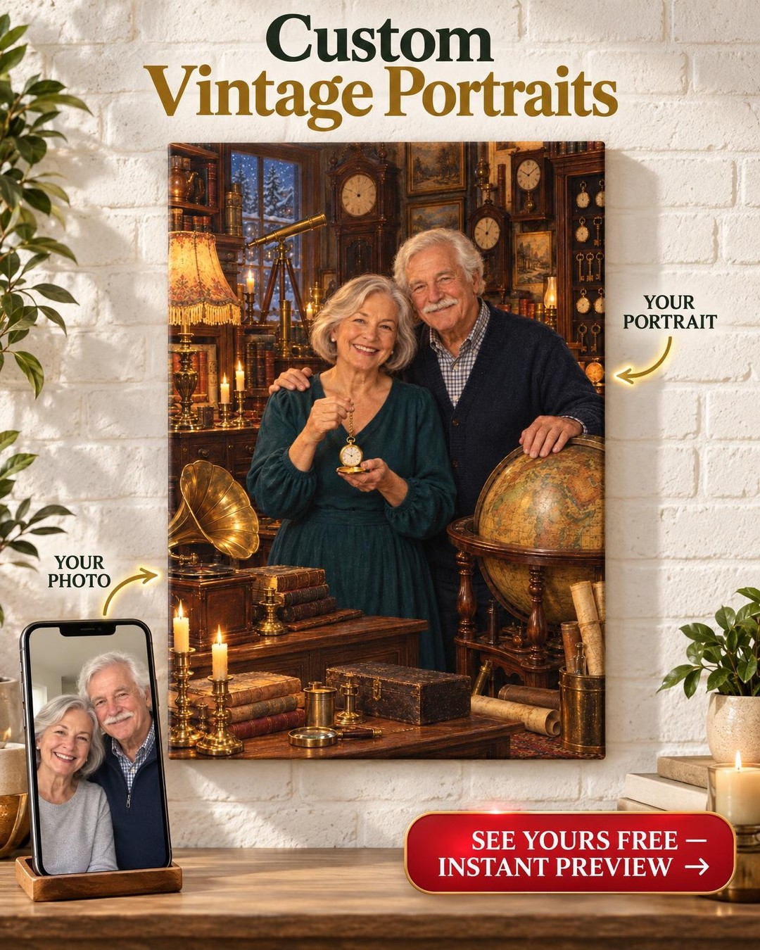 Curiosity Shop Couple Custom Portrait from Photo | Personalized Antique Shop Gift