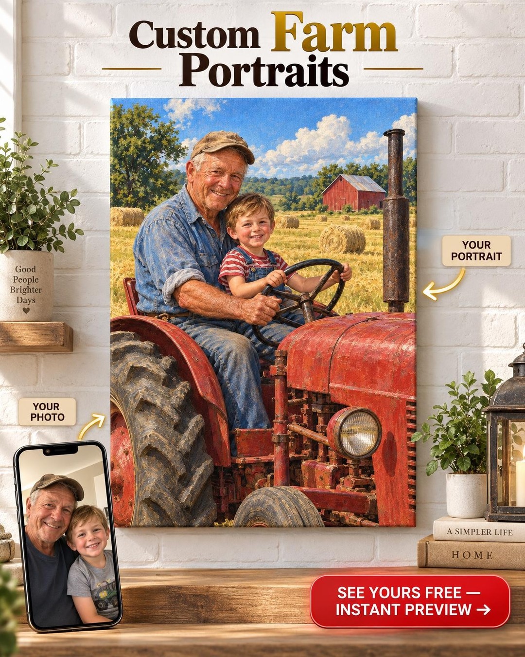 Grandpa and Grandchild Tractor Custom Portrait from Photo | Personalized Family Farm Gift