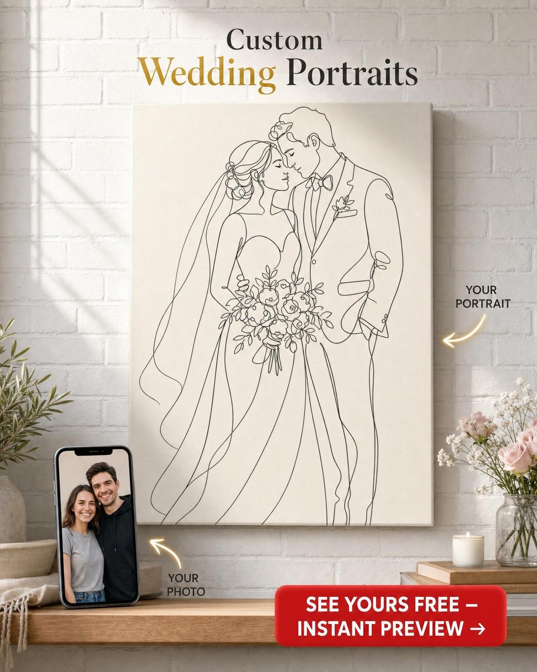 Custom Line Drawing Couple Portrait — Romantic Wedding Canvas
