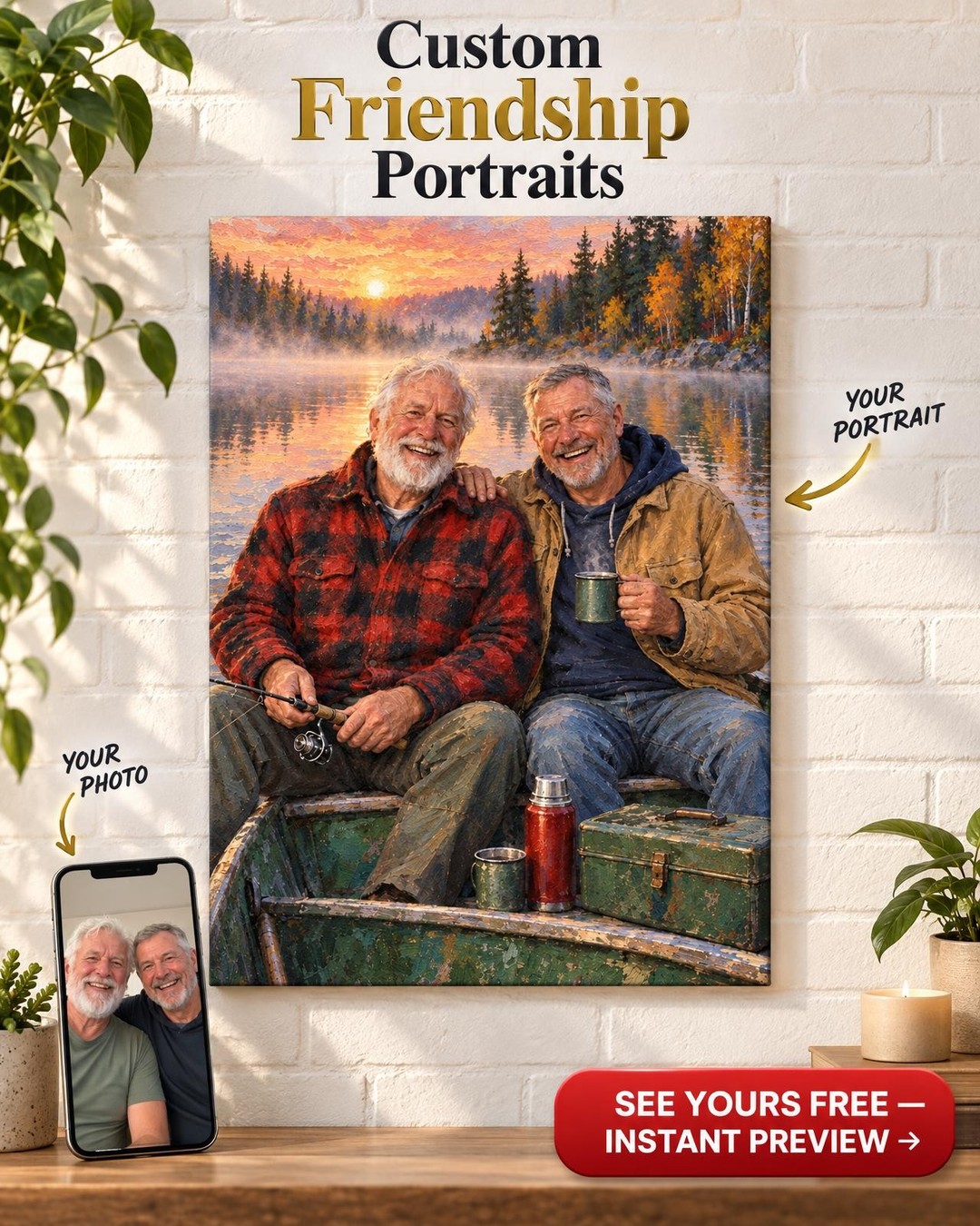 Fishing Buddies at Dawn Custom Portrait from Photo | Personalized Gift for His Best Friend